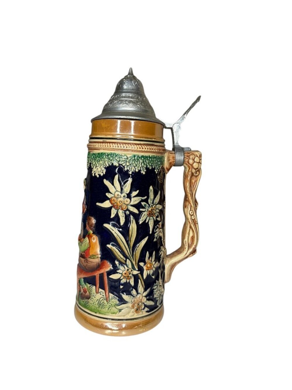 Vintage German Beer Stein with Pewter Lid - Edelweiss & Alpine Scene